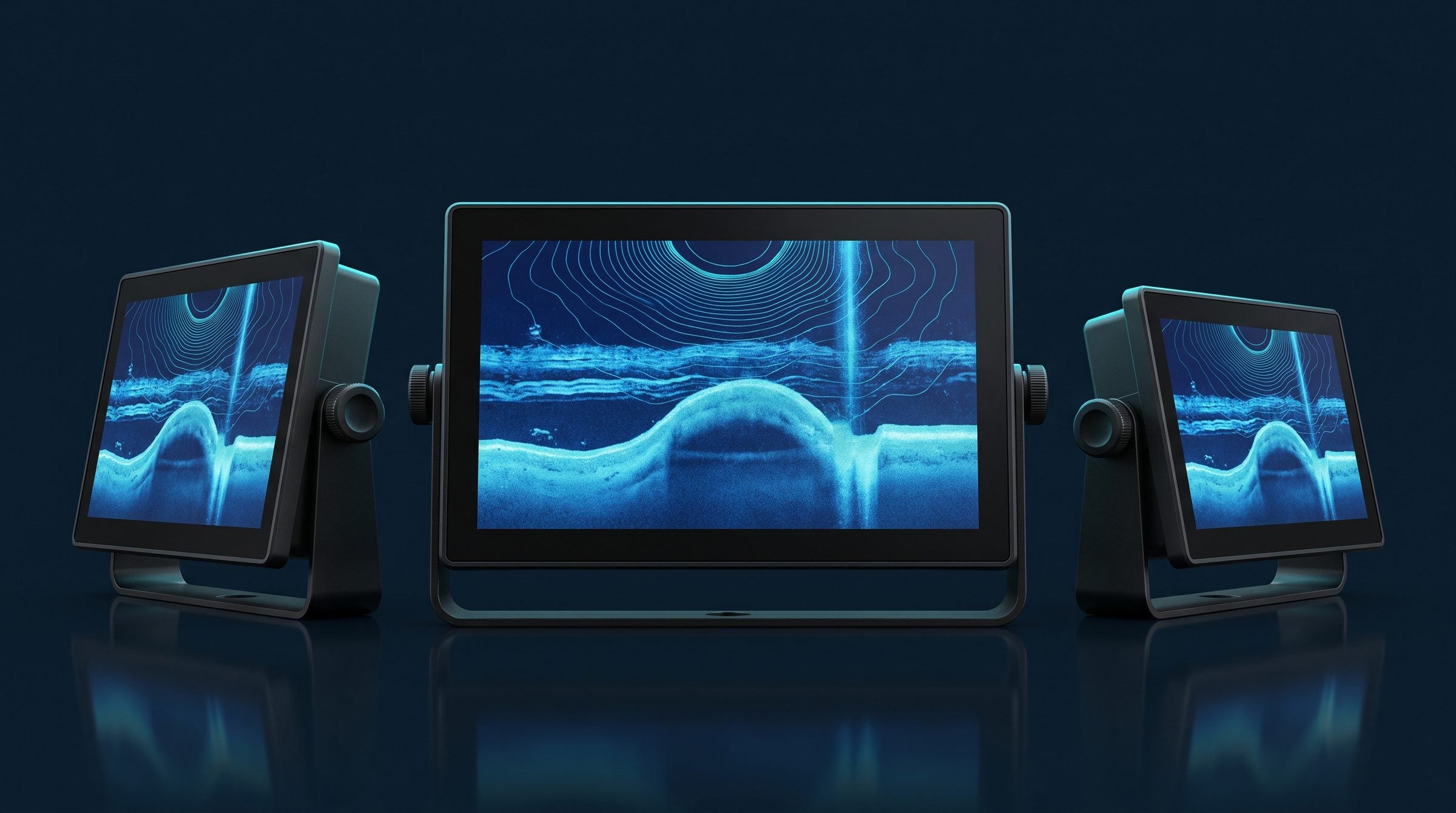 Three Saltvue marine displays showing sonar imagery